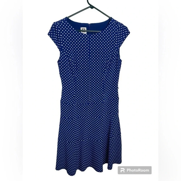 Anne Klein Cap Sleeve Dress Polka Dot Fit-Flared Back Zip Size 8 - Picture 1 of 5